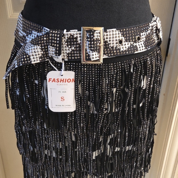 Black and White Cow Print Fringe Skirt NWT - Picture 3 of 16